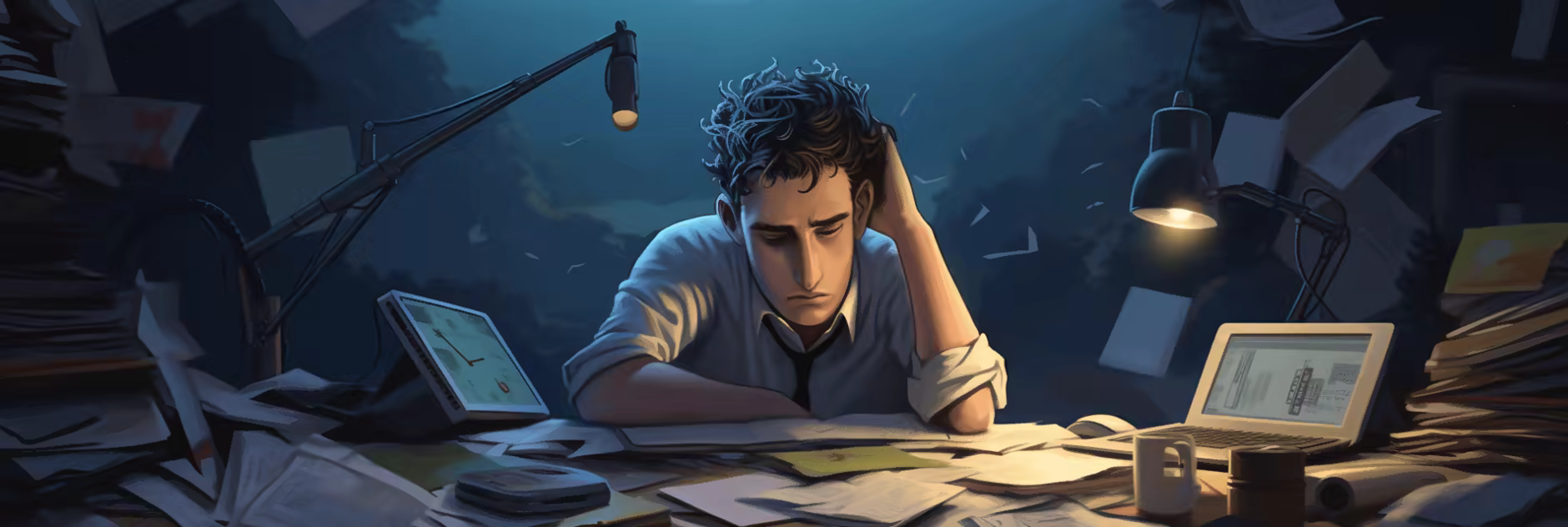 Digital illustration of exhausted professional at desk
