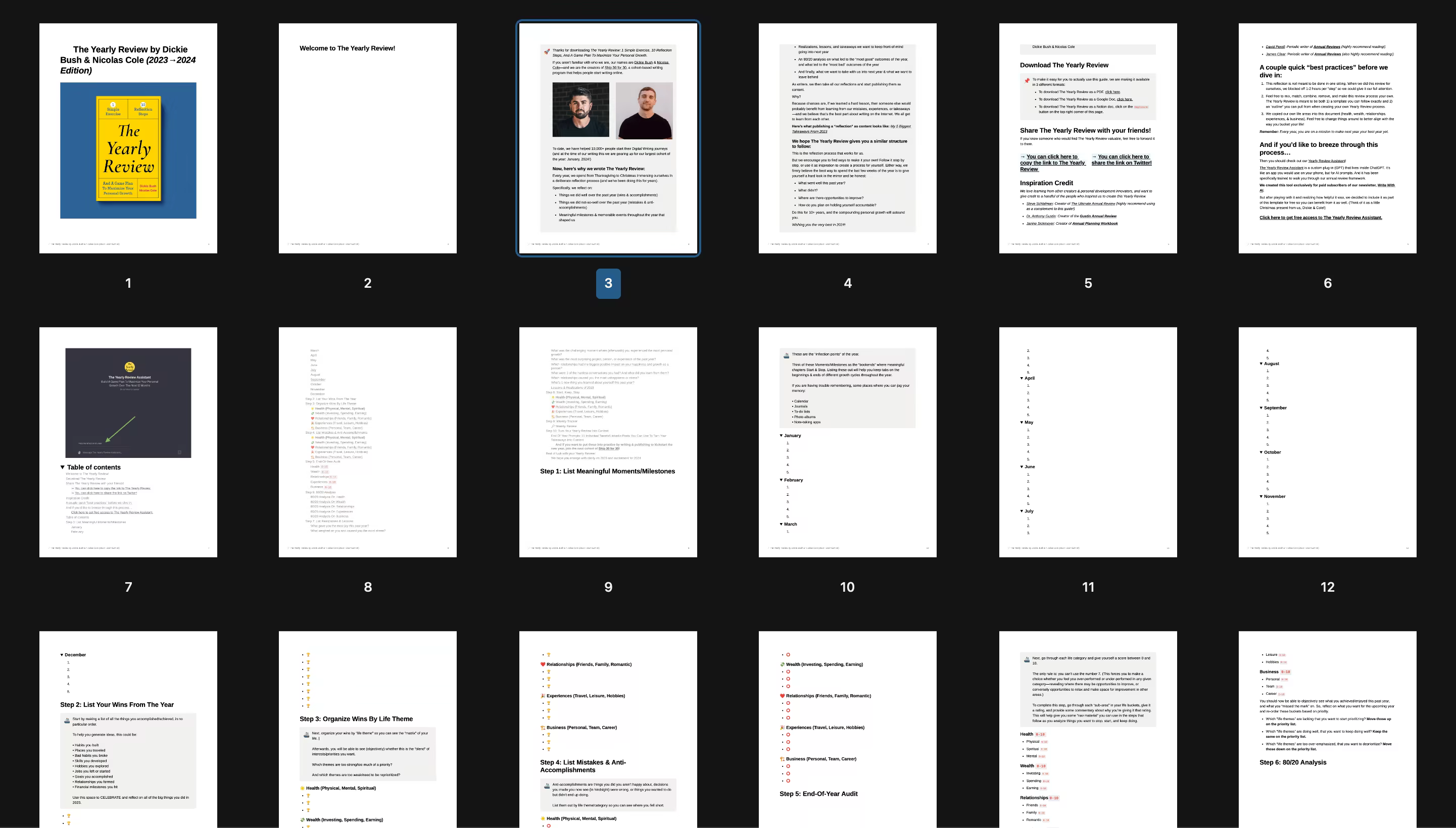 Screenshot of lengthy yearly review templates