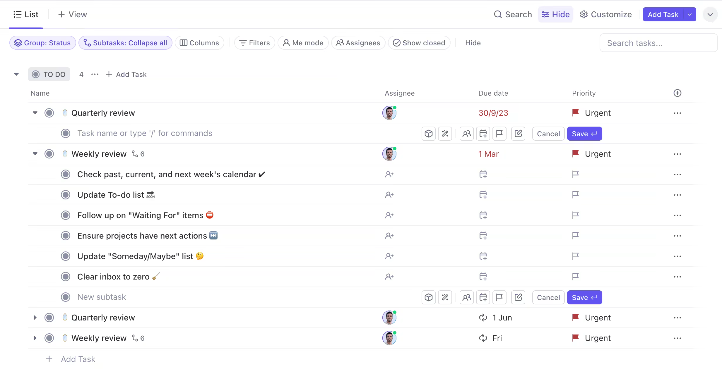 ClickUp weekly and quarterly review tasks